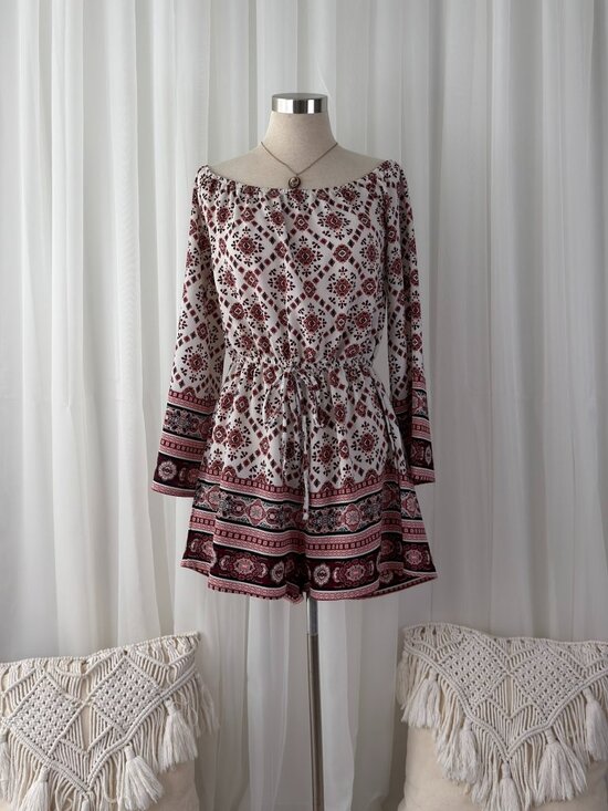 Rue21 Pants - Red Geometric Medallion Bell Sleeve Off Shoulder Boho Romper Womens S Festival